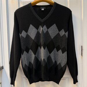 Vintage McGeorge Scottish Cashmere Sweater Black Gray Argyle V-Neck Size Large